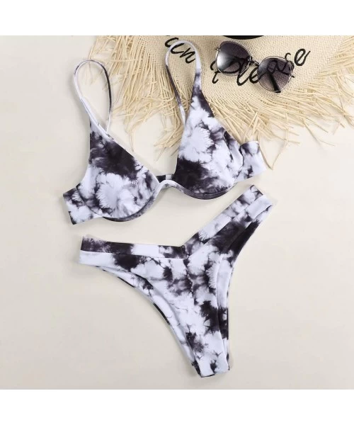 Sets Women's Bathing Suit Push up Triangle Bra Top High Cut Swimsuit Summer Beach Tie Dye Print Swimwear Bikini Set - CG19CGN...