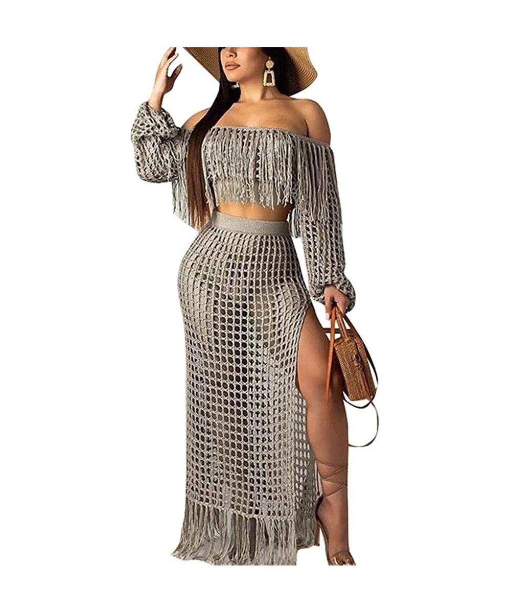 Cover-Ups Women's Beach Bikini Swimsuit Cover up Mesh Crop Top Split Long Skirt Two Piece Outfits - 938-grey - C518S8U27QZ