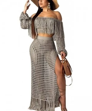 Cover-Ups Women's Beach Bikini Swimsuit Cover up Mesh Crop Top Split Long Skirt Two Piece Outfits - 938-grey - C518S8U27QZ