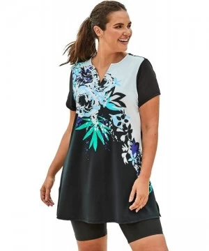 Tankinis Women's Plus Size Short-Sleeve Swim Tunic - Turq Carnation Bouquet (0538) - C6195SOGEK9