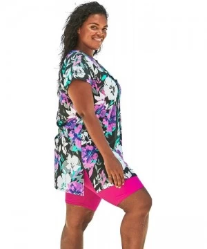 Tankinis Women's Plus Size Short-Sleeve Swim Tunic - Turq Carnation Bouquet (0538) - C6195SOGEK9