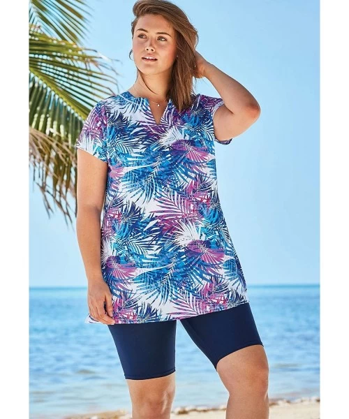 Tankinis Women's Plus Size Short-Sleeve Swim Tunic - Turq Carnation Bouquet (0538) - C6195SOGEK9