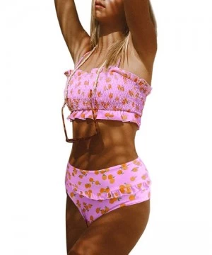 One-Pieces Women's Smocked Bandeau Ruffle Printed One Piece Swimsuit Sexy Halter Cutout Swimwear - C-pink - CR195TW7L23