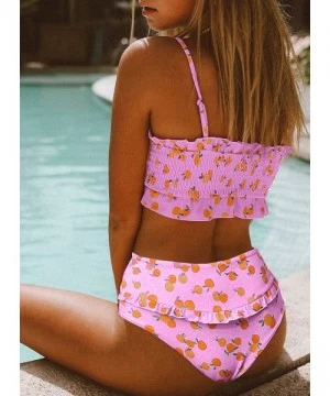 One-Pieces Women's Smocked Bandeau Ruffle Printed One Piece Swimsuit Sexy Halter Cutout Swimwear - C-pink - CR195TW7L23