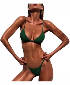 Sets Fashion Women Solid Color Split Swimsuit Push-Up Padded Sling Swimwear Beach Bikini Set Beachwear - Green - CI197EL7CXE