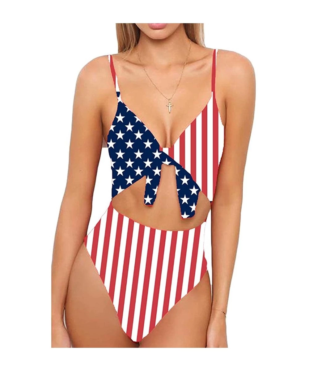 One-Pieces Women's Spaghetti Strap Tie Knot Front Cut Out High Waist One Piece Swimsuits - Flag - CX194GA9UWN