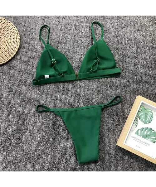 Sets Fashion Women Solid Color Split Swimsuit Push-Up Padded Sling Swimwear Beach Bikini Set Beachwear - Green - CI197EL7CXE