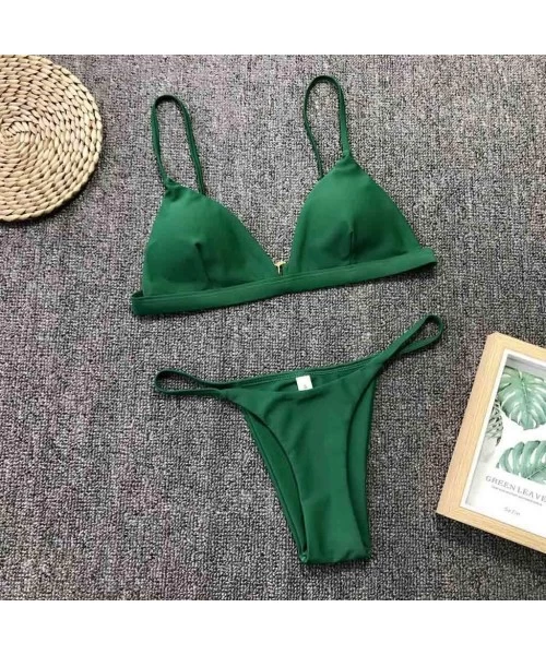 Sets Fashion Women Solid Color Split Swimsuit Push-Up Padded Sling Swimwear Beach Bikini Set Beachwear - Green - CI197EL7CXE