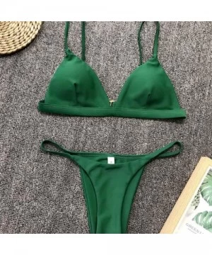 Sets Fashion Women Solid Color Split Swimsuit Push-Up Padded Sling Swimwear Beach Bikini Set Beachwear - Green - CI197EL7CXE