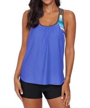 Tankinis Womens Blouson Strappy T-Back Push Up Tankini Top Swimsuits with Shorts - Blue - CA195N3UKWG