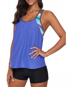 Tankinis Womens Blouson Strappy T-Back Push Up Tankini Top Swimsuits with Shorts - Blue - CA195N3UKWG