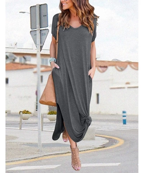 Cover-Ups Summer Maxi Dresses for Women-V Neck Short Sleeve Long Dresses & Plain Loose Casual Beach Dress with Pocket - Dark ...