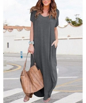 Cover-Ups Summer Maxi Dresses for Women-V Neck Short Sleeve Long Dresses & Plain Loose Casual Beach Dress with Pocket - Dark ...