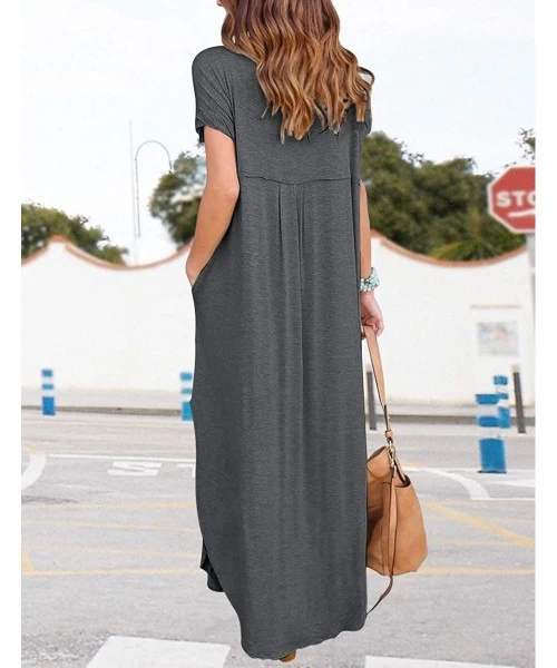 Cover-Ups Summer Maxi Dresses for Women-V Neck Short Sleeve Long Dresses & Plain Loose Casual Beach Dress with Pocket - Dark ...