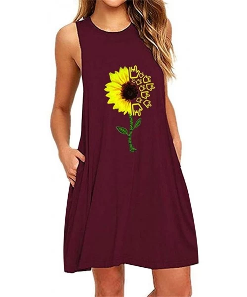 Cover-Ups Dresses for Women Casual Summer Sleeveless Pockets Casual Swing T-Shirt Dress Flower Tank Dress Beach Cover up - Y-...