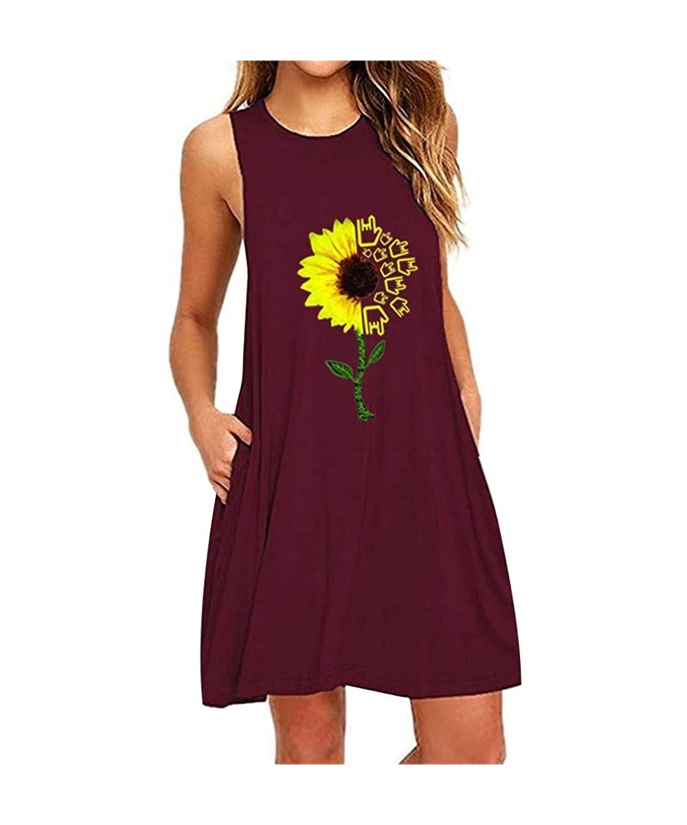 Cover-Ups Dresses for Women Casual Summer Sleeveless Pockets Casual Swing T-Shirt Dress Flower Tank Dress Beach Cover up - Y-...