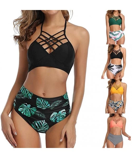 Sets Swimsuit Women Two Pieces Bikini Set Bathing Suit Tops Stagger High Waisted Bottom Beach Suit - Black - CK195A3KL2O