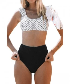 Sets Women's Black White Windowpane Plaid Ruffles High Waisted Bikini Set - Black White - CF18WYHA0X4