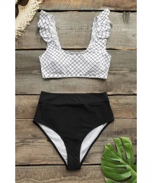 Sets Women's Black White Windowpane Plaid Ruffles High Waisted Bikini Set - Black White - CF18WYHA0X4