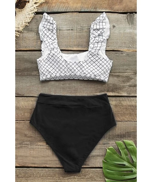 Sets Women's Black White Windowpane Plaid Ruffles High Waisted Bikini Set - Black White - CF18WYHA0X4