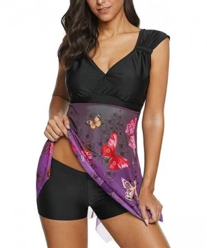 Racing Two Pieces Plus Size Print Tankini Swimjumpsuit Mesh Patchwork Swimdress Swimwear Bathing Suits - 02 Purple - C4196OG0O39