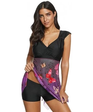 Racing Two Pieces Plus Size Print Tankini Swimjumpsuit Mesh Patchwork Swimdress Swimwear Bathing Suits - 02 Purple - C4196OG0O39