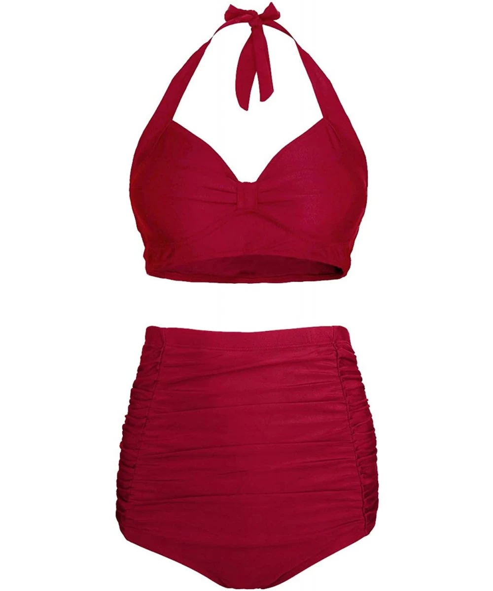 Sets High Waisted Bikini Swimsuits for Women Tummy Control Halter Two Piece Bathing Suits - Red Crimson - CF195ZUTN7Y