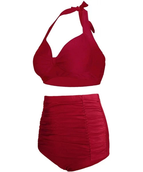 Sets High Waisted Bikini Swimsuits for Women Tummy Control Halter Two Piece Bathing Suits - Red Crimson - CF195ZUTN7Y