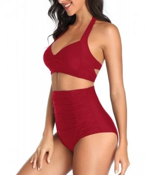 Sets High Waisted Bikini Swimsuits for Women Tummy Control Halter Two Piece Bathing Suits - Red Crimson - CF195ZUTN7Y