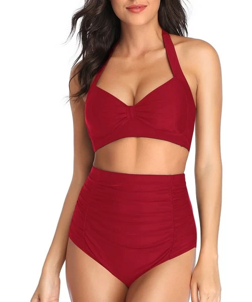 Sets High Waisted Bikini Swimsuits for Women Tummy Control Halter Two Piece Bathing Suits - Red Crimson - CF195ZUTN7Y