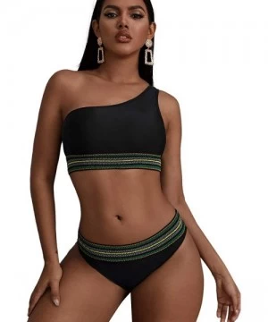 Sets Women's 2 Pieces Mesh One Shoulder Top with High Waist Bikini Set - Black - CB195AQOKZS