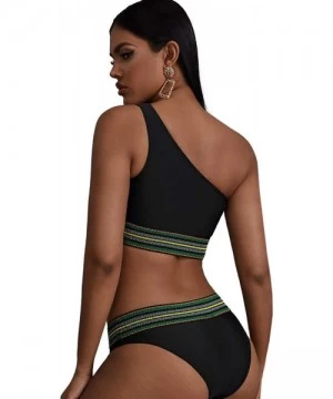 Sets Women's 2 Pieces Mesh One Shoulder Top with High Waist Bikini Set - Black - CB195AQOKZS