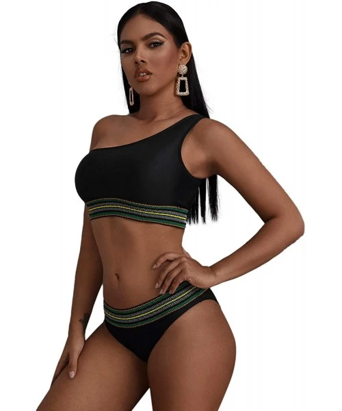 Sets Women's 2 Pieces Mesh One Shoulder Top with High Waist Bikini Set - Black - CB195AQOKZS