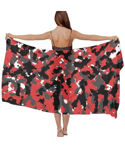 Cover-Ups Women Girls Fashion Chiffon Beach Bikini Cover Up Sunscreen Wrap Scarves - Bloodshot Red Black Camouflage Camo - CM...