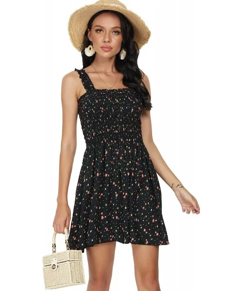 Cover-Ups Women's Summer Tube Top Floral Print Dress Cover Up Beach Mini Dresses - Black Flower - CM19DYX6ZQ3