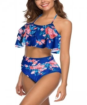 Tankinis Women High Waisted Swimsuit Two Piece Ruffled Flounce Top with Ruched Bottom - 26floral Red - CA18RQW42LL