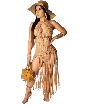 Cover-Ups Womens See Through Cover Up Sexy Halter Hollow Out Mesh Dress - Khaki - CF18T7TMY63