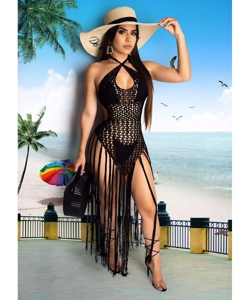 Cover-Ups Womens See Through Cover Up Sexy Halter Hollow Out Mesh Dress - Khaki - CF18T7TMY63