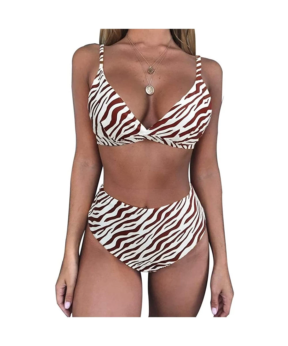 Sets Women's Leopard Printed High Waist Spaghetti Straps 2 Pieces Swimsuit Snakeskin Pattern Bikini Sets - Stripe - C918OX5Z60L