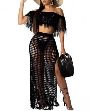 Cover-Ups Womens Sexy 2 Piece Beachwear Hollow Out Crop Top High Slit Maxi Skirt Set - Black - CK18SXAI85N