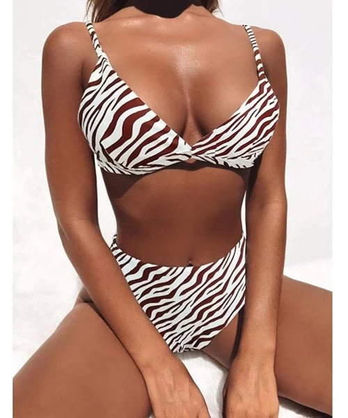 Sets Women's Leopard Printed High Waist Spaghetti Straps 2 Pieces Swimsuit Snakeskin Pattern Bikini Sets - Stripe - C918OX5Z60L