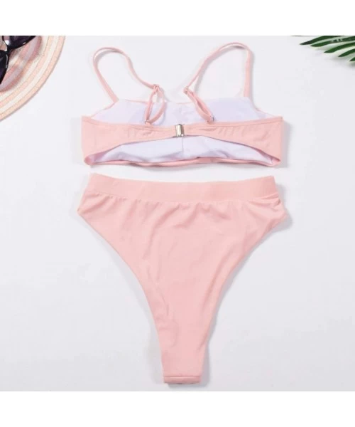 Sets Bikinis High Waisted Bikini Set Sexy Solid Bikini 2 Piece Swimsuit Bathing Suits for Women - Pink - CT18QONXC07