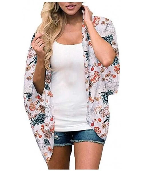 Cover-Ups Women Floral Kimono Cardigans Chiffon Casual Loose Open Front Cover Up Tops Kimono - I Orange - C919CH4LGAW