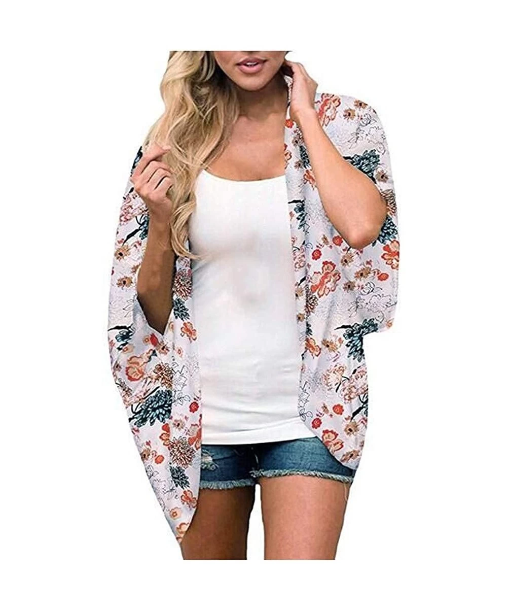 Cover-Ups Women Floral Kimono Cardigans Chiffon Casual Loose Open Front Cover Up Tops Kimono - I Orange - C919CH4LGAW