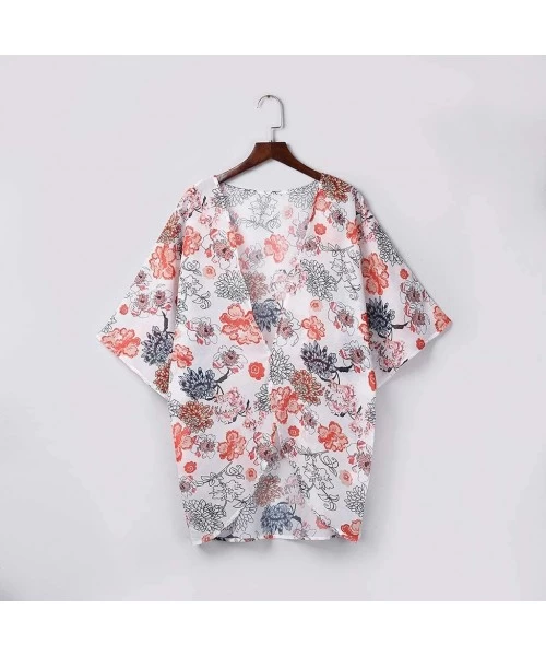 Cover-Ups Women Floral Kimono Cardigans Chiffon Casual Loose Open Front Cover Up Tops Kimono - I Orange - C919CH4LGAW