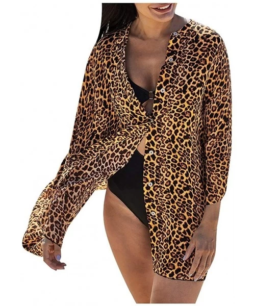 Cover-Ups Swimsuit Cover Ups for Women Crop Tops Kimono Cardigan Loose Cover Up Sun Protection Anti-UV - Leopard - C819CK9CC96