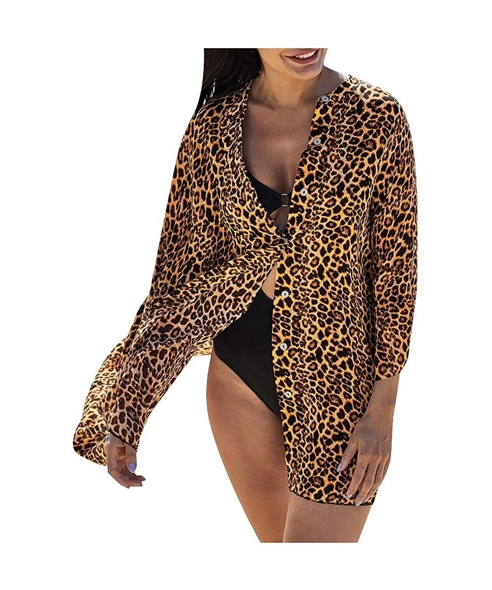 Cover-Ups Swimsuit Cover Ups for Women Crop Tops Kimono Cardigan Loose Cover Up Sun Protection Anti-UV - Leopard - C819CK9CC96