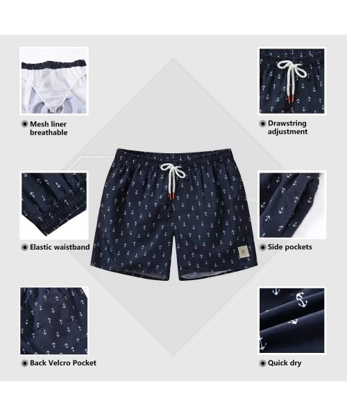 Trunks Mens Printed Swim Trunks Quick Dry Beach Shorts with Mesh Lining - H Anchor Patterns Black - CB18EDCLXTI