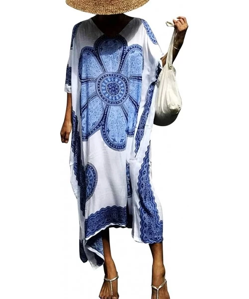 Cover-Ups Women Plus Size Kaftan Swimsuit Cover Up Beach Caftan Dresses - A-blue - CM18XXNZU2C