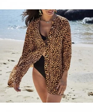 Cover-Ups Swimsuit Cover Ups for Women Crop Tops Kimono Cardigan Loose Cover Up Sun Protection Anti-UV - Leopard - C819CK9CC96